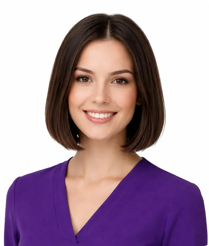 Smiling young woman with straight dark brown bob haircut wearing a purple V-neck top against a white background.