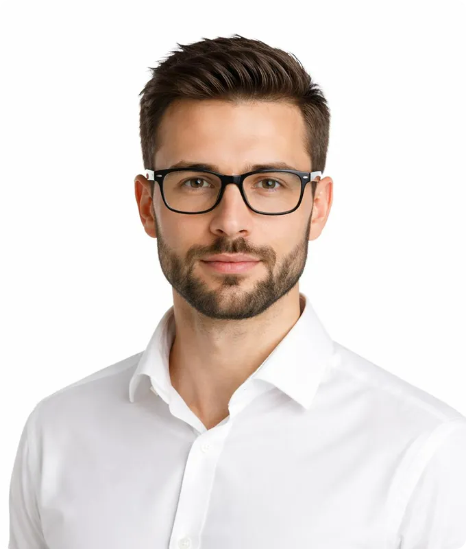 Portrait of a man with short brown hair, beard, and black glasses wearing a white collared shirt.