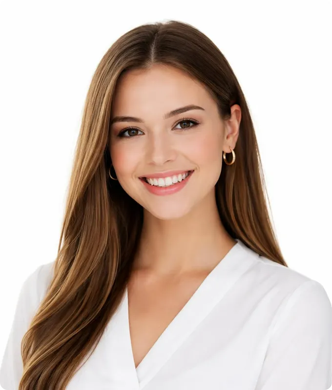 Smiling young woman with long brown hair wearing a white blouse and gold hoop earrings against a white background.