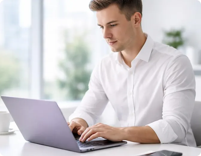 Young man in a white shirt working on a laptop at a bright desk.