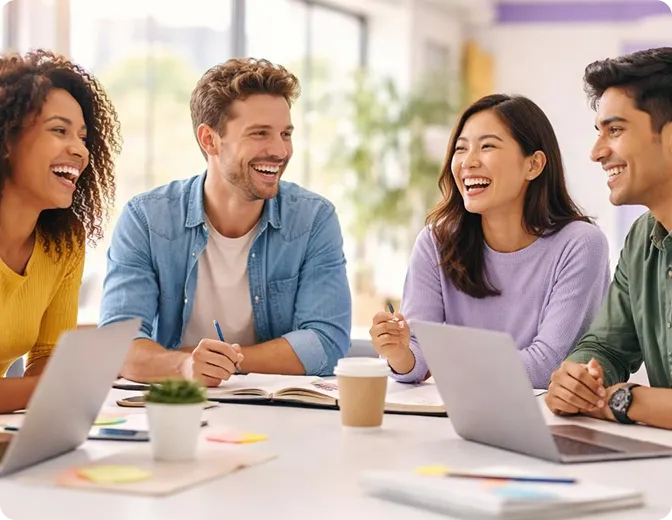 Group of four diverse young adults laughing and collaborating around a table with laptops and notebooks in a bright office.