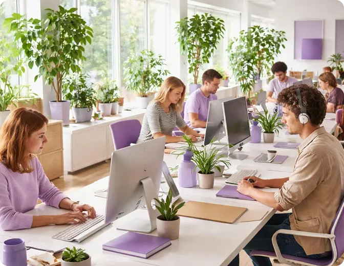Open office space with diverse young adults working on desktop computers surrounded by green plants and purple office decor.