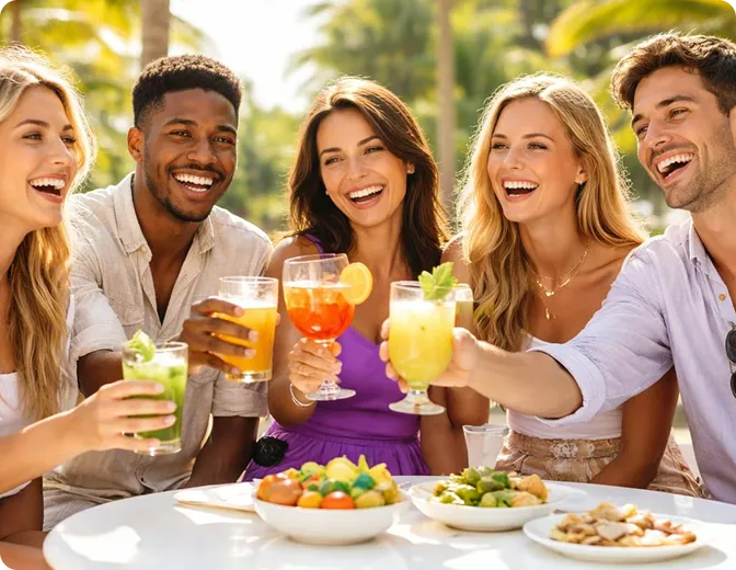 Group of five friends smiling and toasting colorful drinks around an outdoor table with food, set in a sunny tropical location.