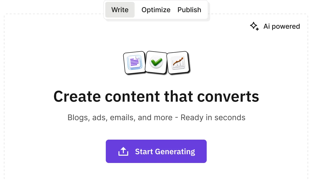 User interface with options to Write, Optimize, Publish and a call to action button labeled Start Generating for creating content quickly using AI.