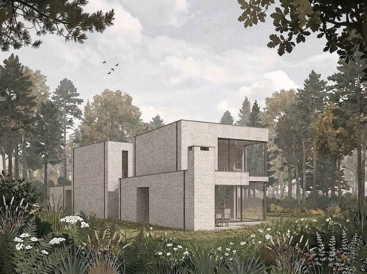 Architecturale render van moderne villa met witte baksteengevel in bosrijke omgeving.