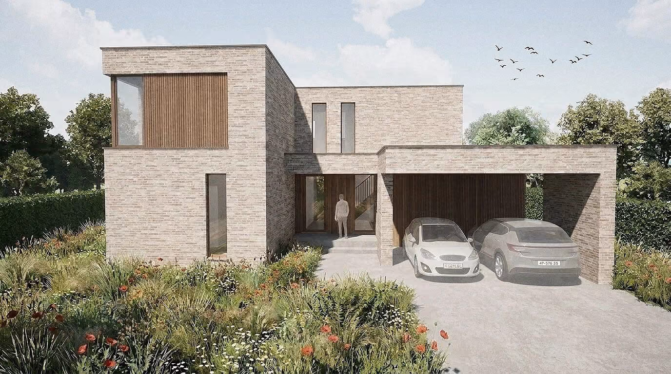 Architecturale render van moderne villa met gestapelde bakstenen volumes en carport, omringd door bloemenweide.
