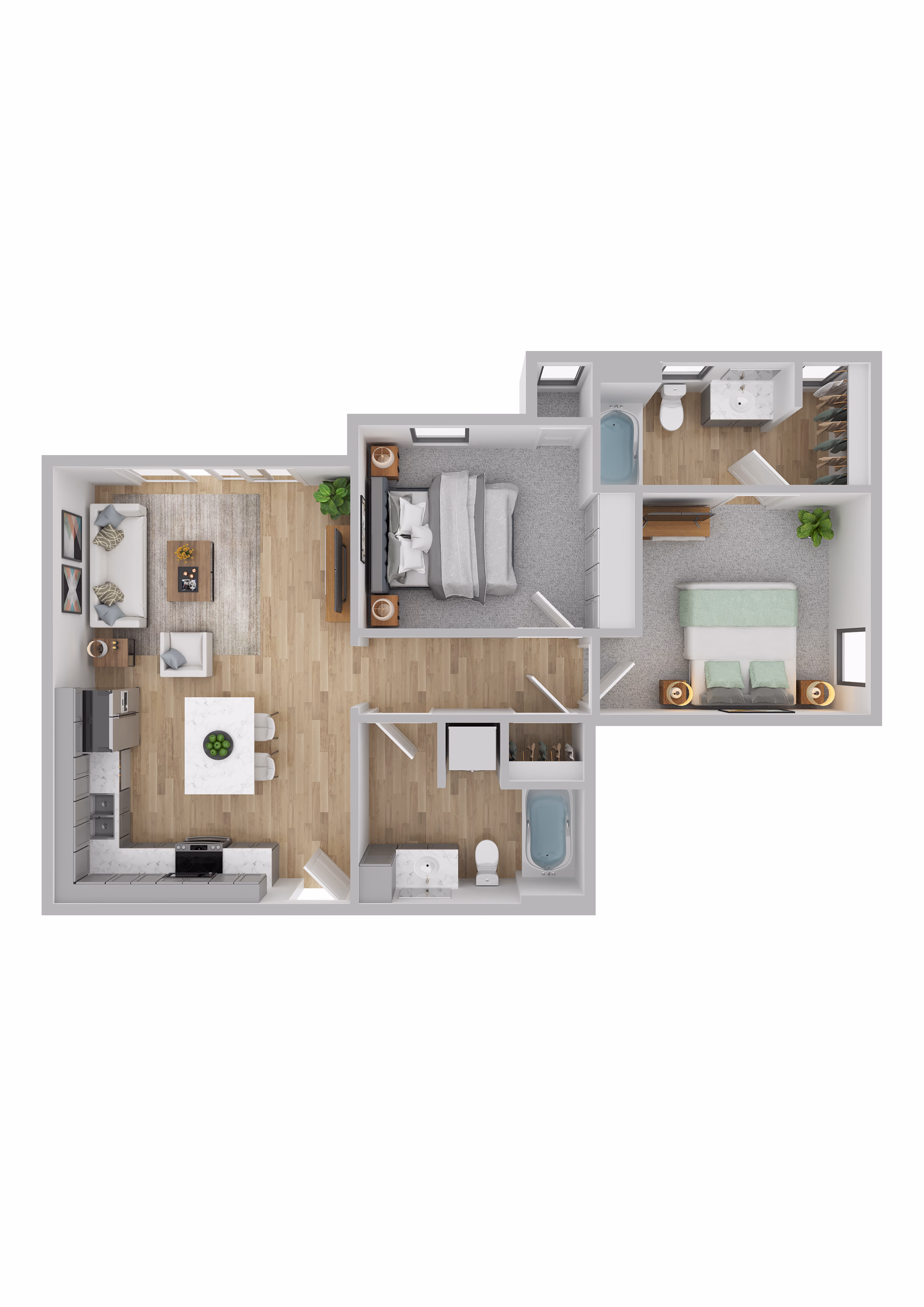 The Hollow floor plan — 2 bed, 2 bath, 850 sq ft at Foss Fields Ascent