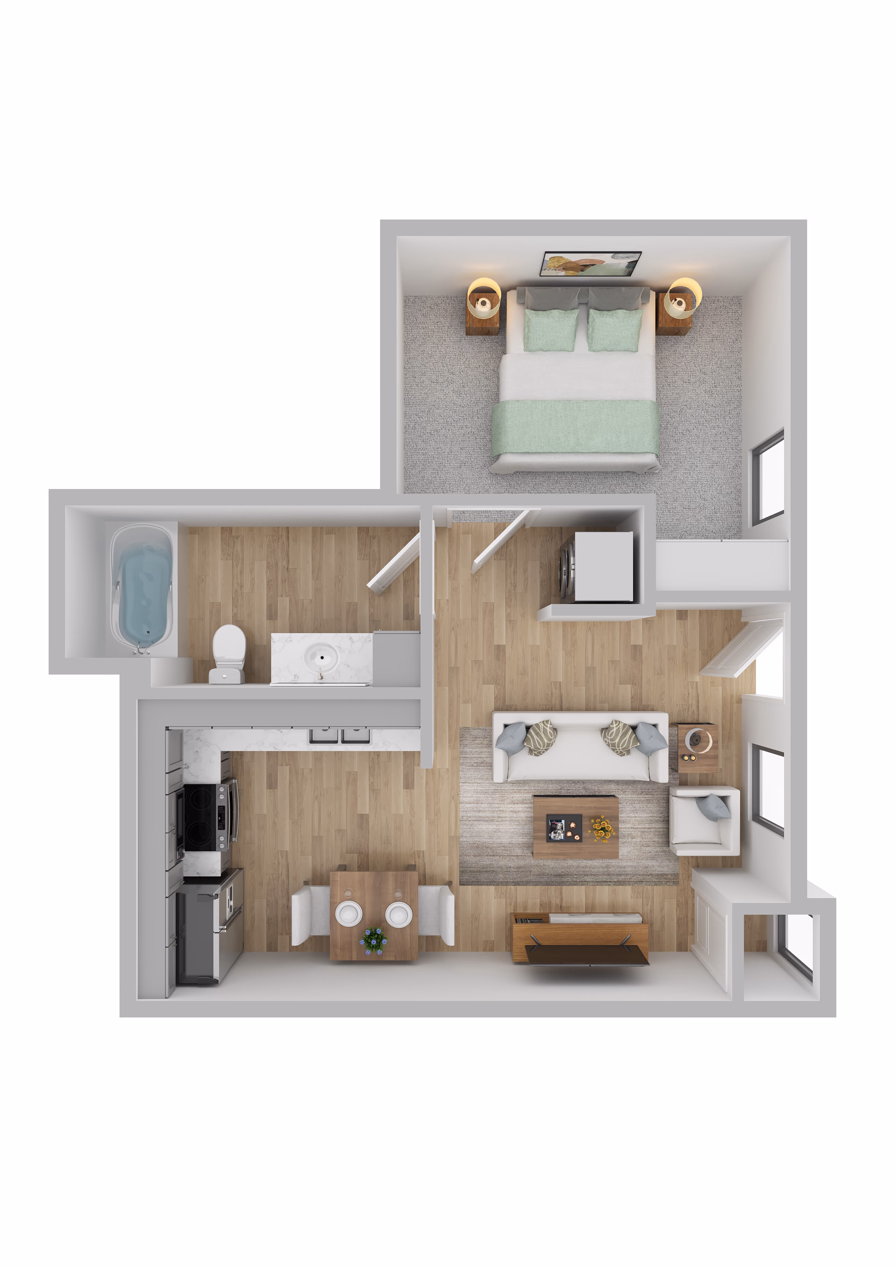 The Prairie floor plan — 1 bed, 1 bath, 525 sq ft at Foss Fields Ascent