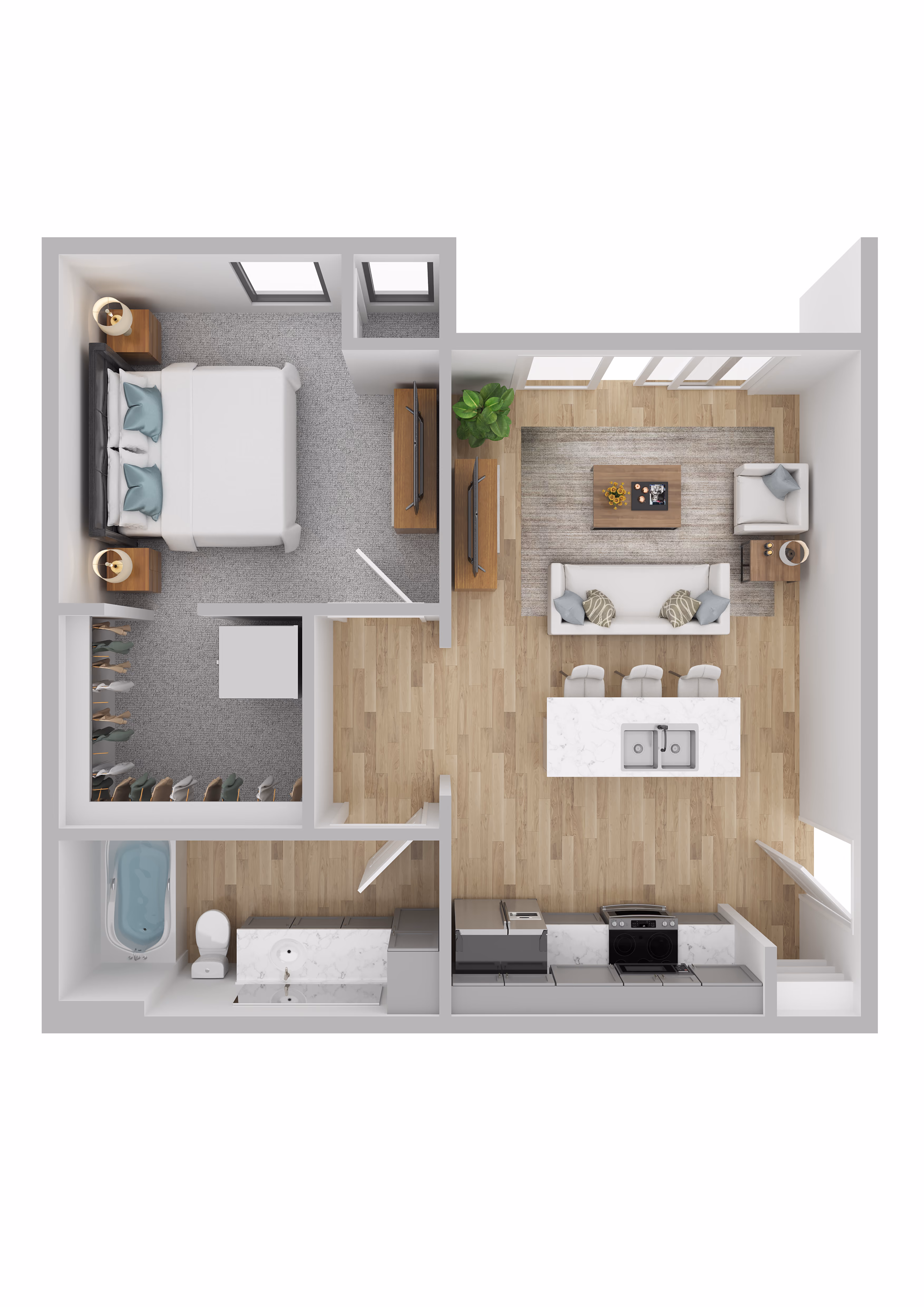 The Willow floor plan — 1 bed, 1 bath, 590 sq ft at Foss Fields Ascent