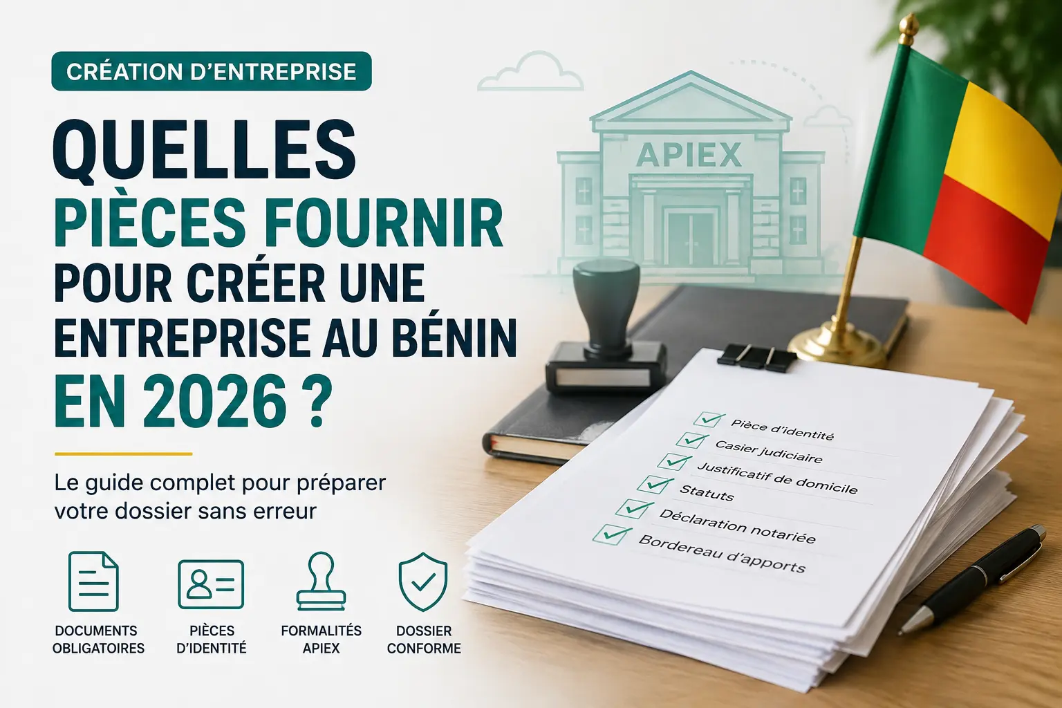 Illustration des pièces à fournir pour créer une entreprise au Bénin en 2026, avec une liste de documents administratifs, des pièces d’identité et les formalités APIEx.