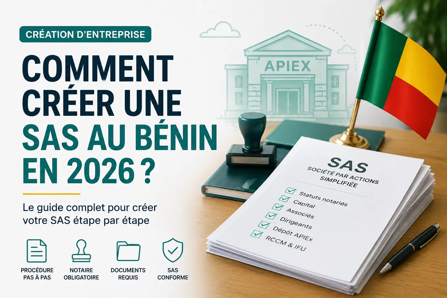 Illustration d’une création de SAS au Bénin en 2026 avec dossier administratif, documents juridiques, drapeau béninois et checklist des formalités de création d’entreprise.