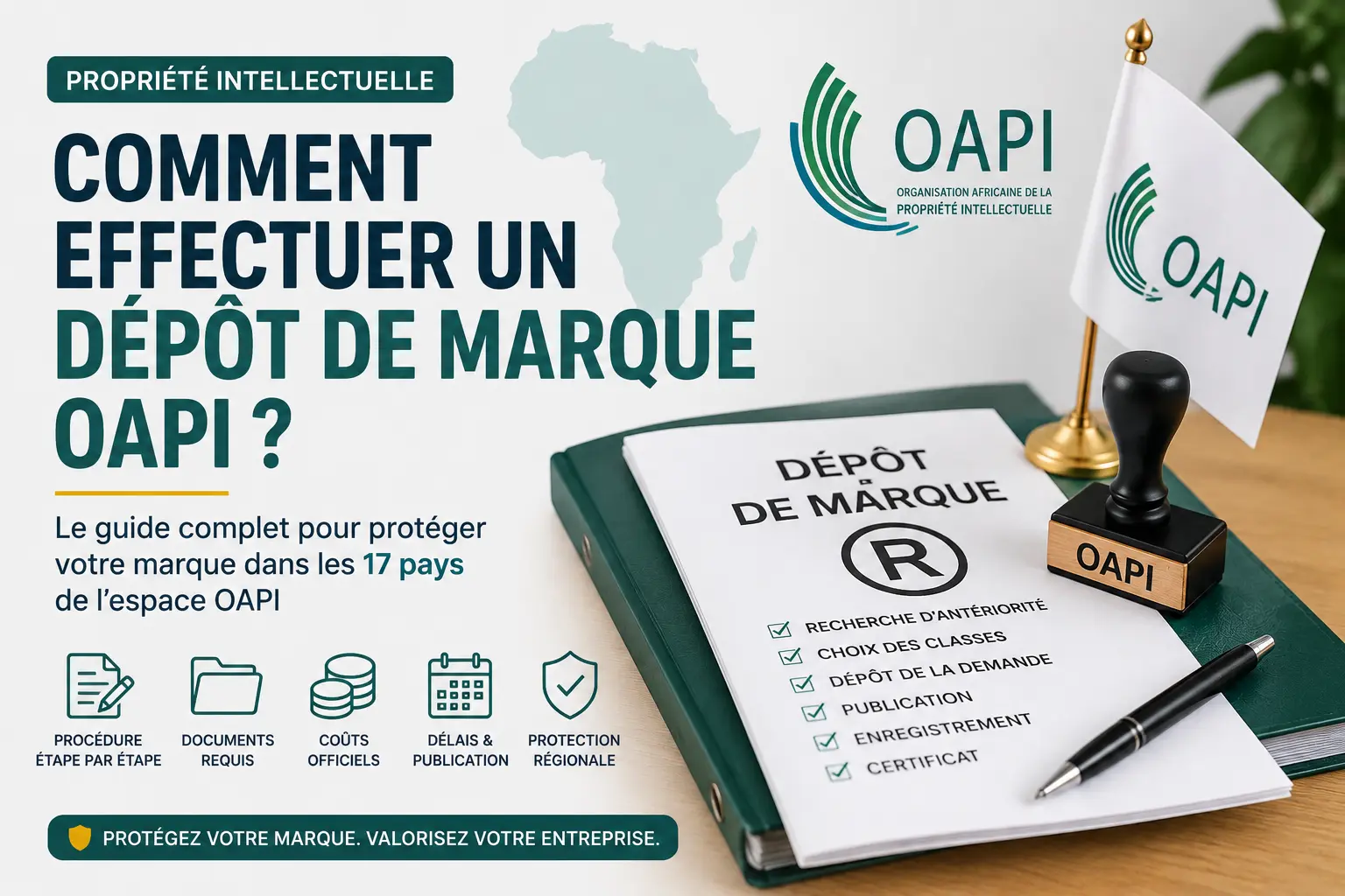 Dépôt de marque OAPI en 2026 : guide illustré présentant les étapes, documents, coûts et protection de la marque dans les 17 pays membres de l’OAPI.