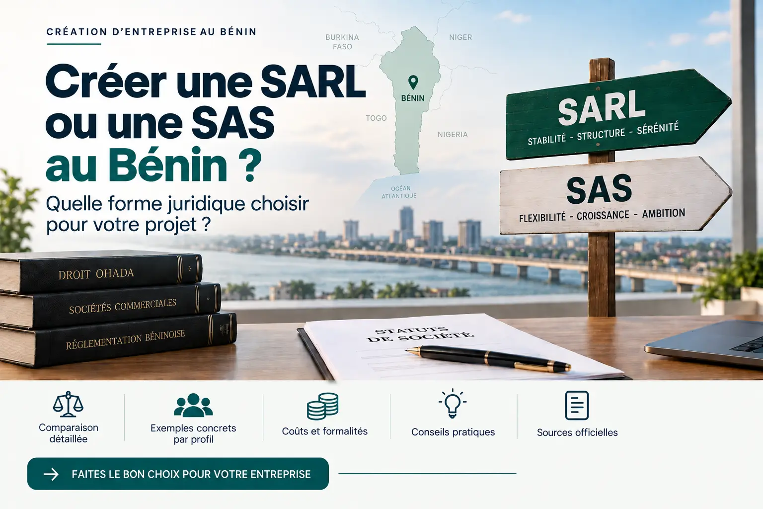 SARL ou SAS au Bénin : illustration d’un guide comparatif sur le choix de la forme juridique, avec documents de société, réglementation OHADA et deux options SARL et SAS.