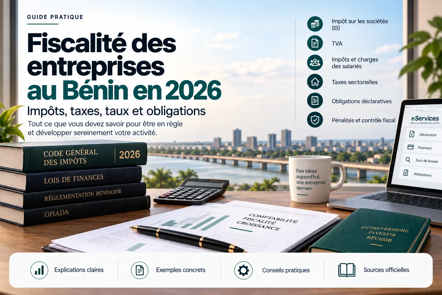 Illustration d’un guide sur la fiscalité des entreprises au Bénin en 2026, avec le Code général des impôts, une calculatrice, des documents fiscaux, une carte du Bénin et les principales obligations fiscales des entreprises.