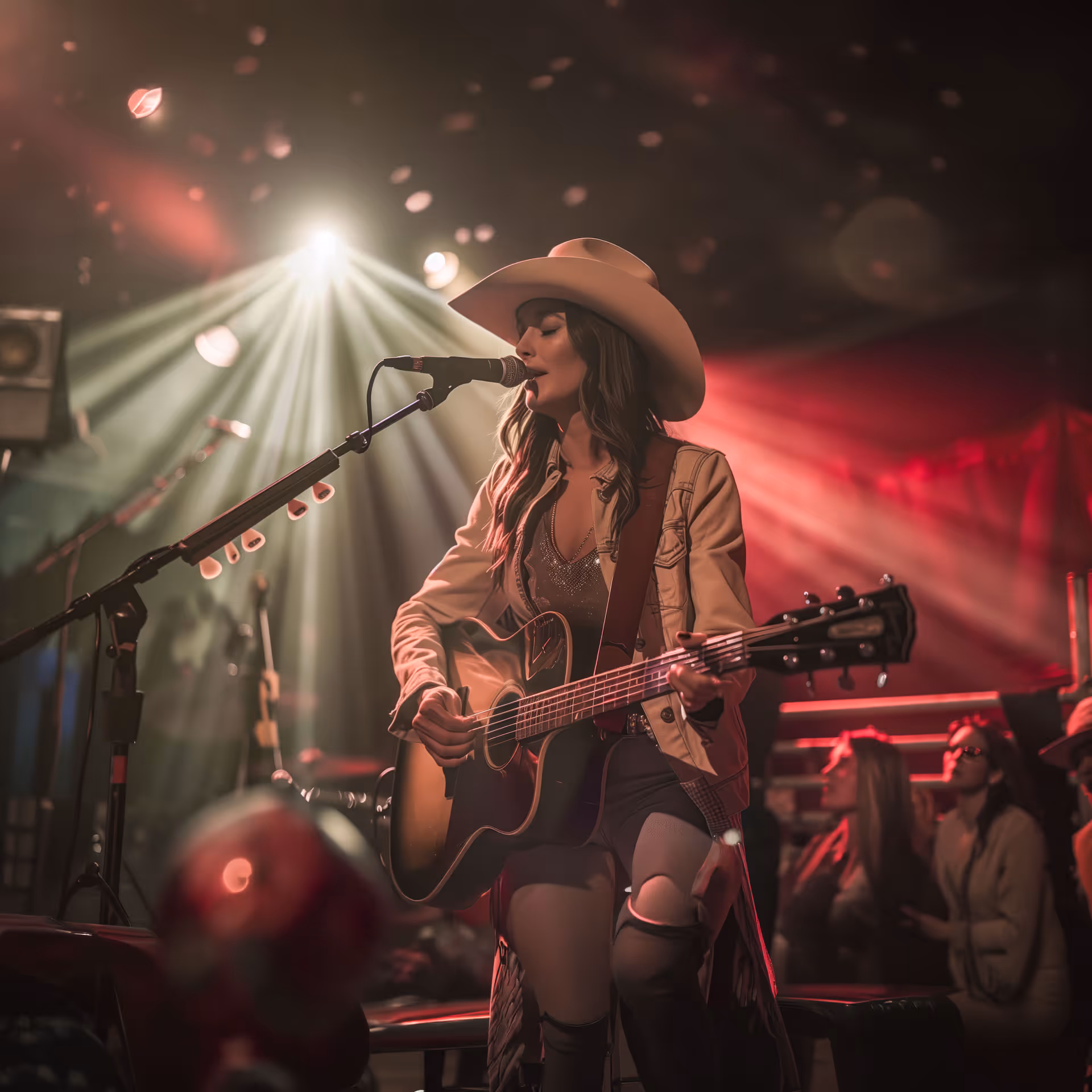 Female country singer wearing a cowboy hat playing an acoustic guitar, and singing on stage with colorful lights.