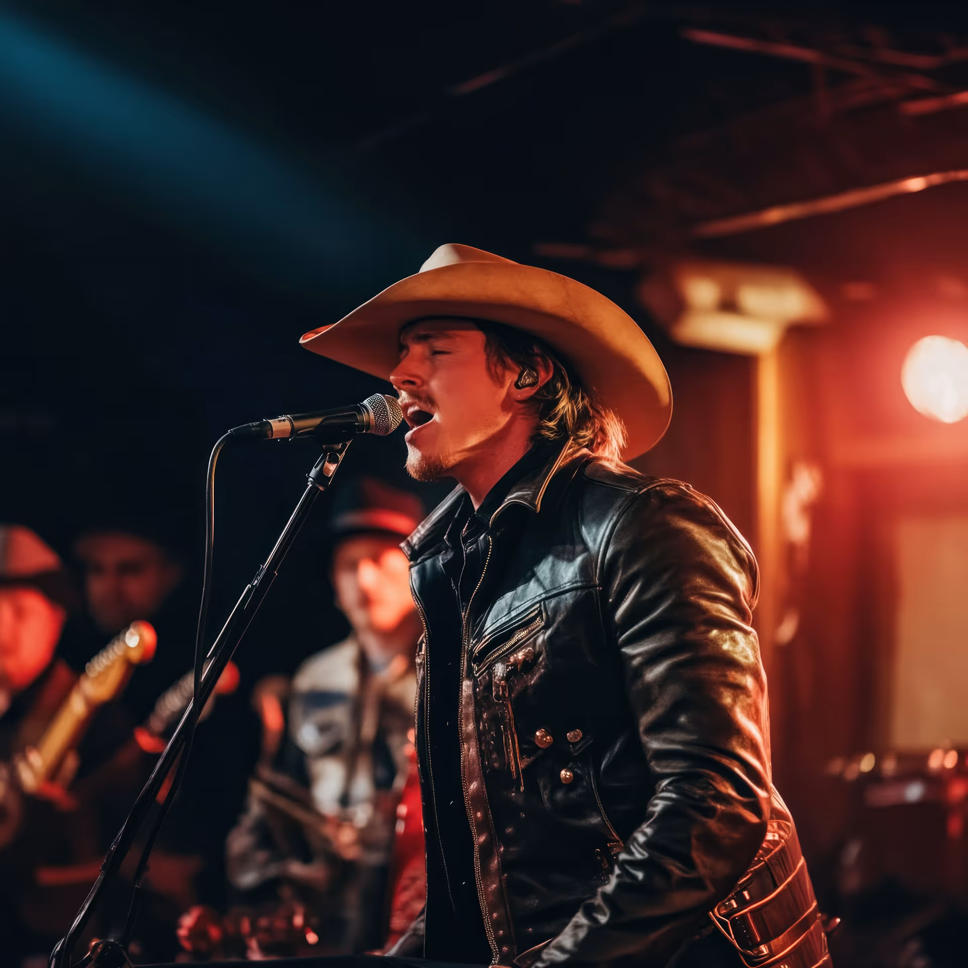 A man in a cowboy hat and a leather jacket singing into a microphone at a live country music performance.