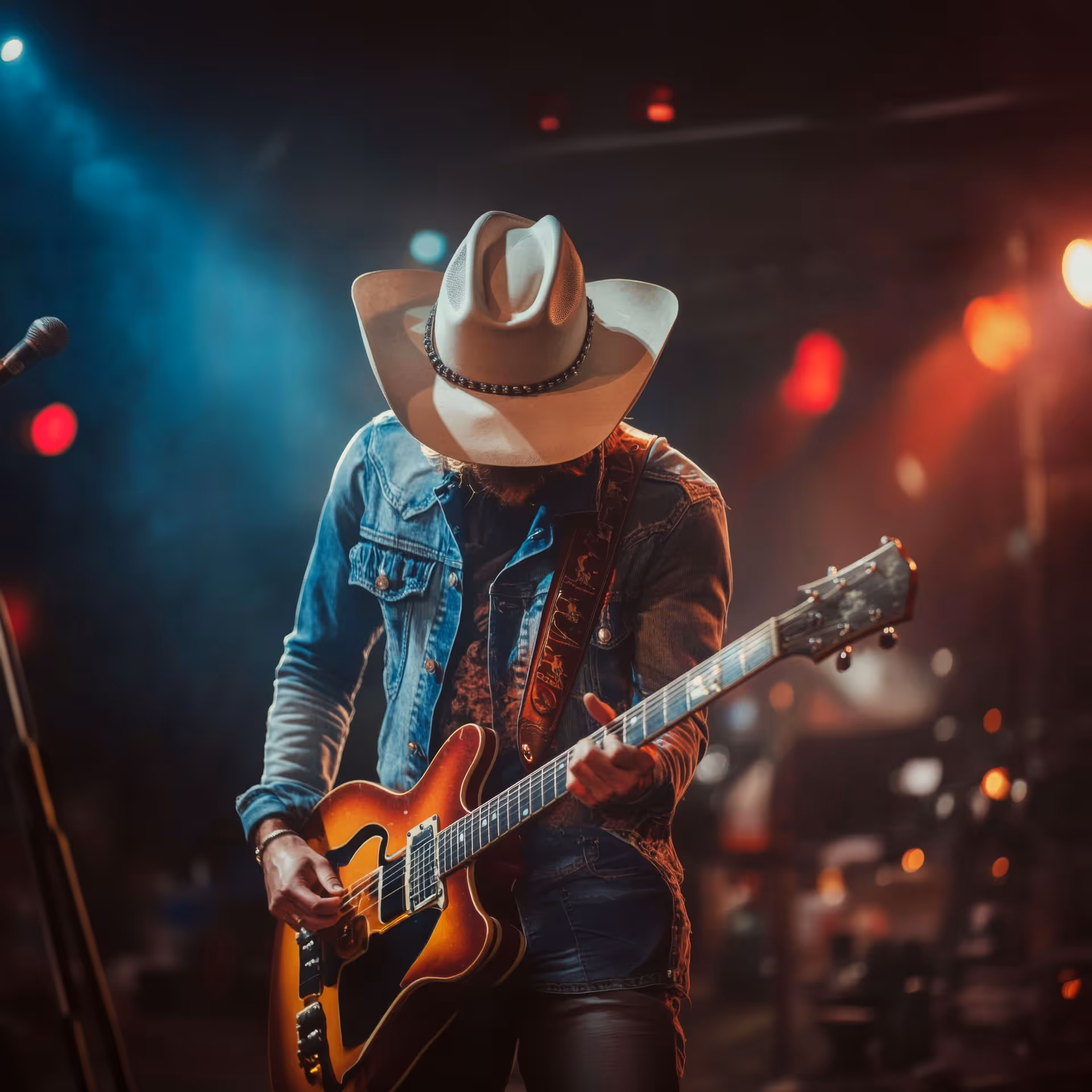A guitarist wearing a cowboy hat and a denim jacket playing electric guitar on stage under colored lights.