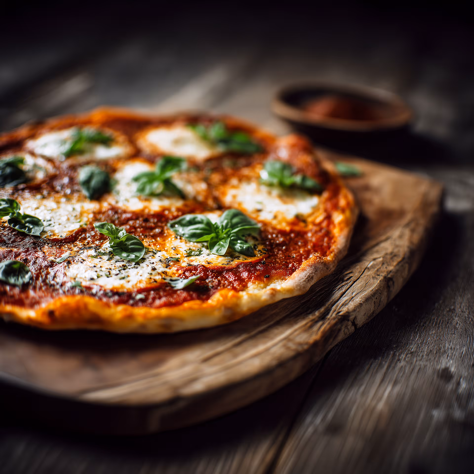 Margherita pizza with tomato sauce, mozzarella, and fresh basil on a wooden board.