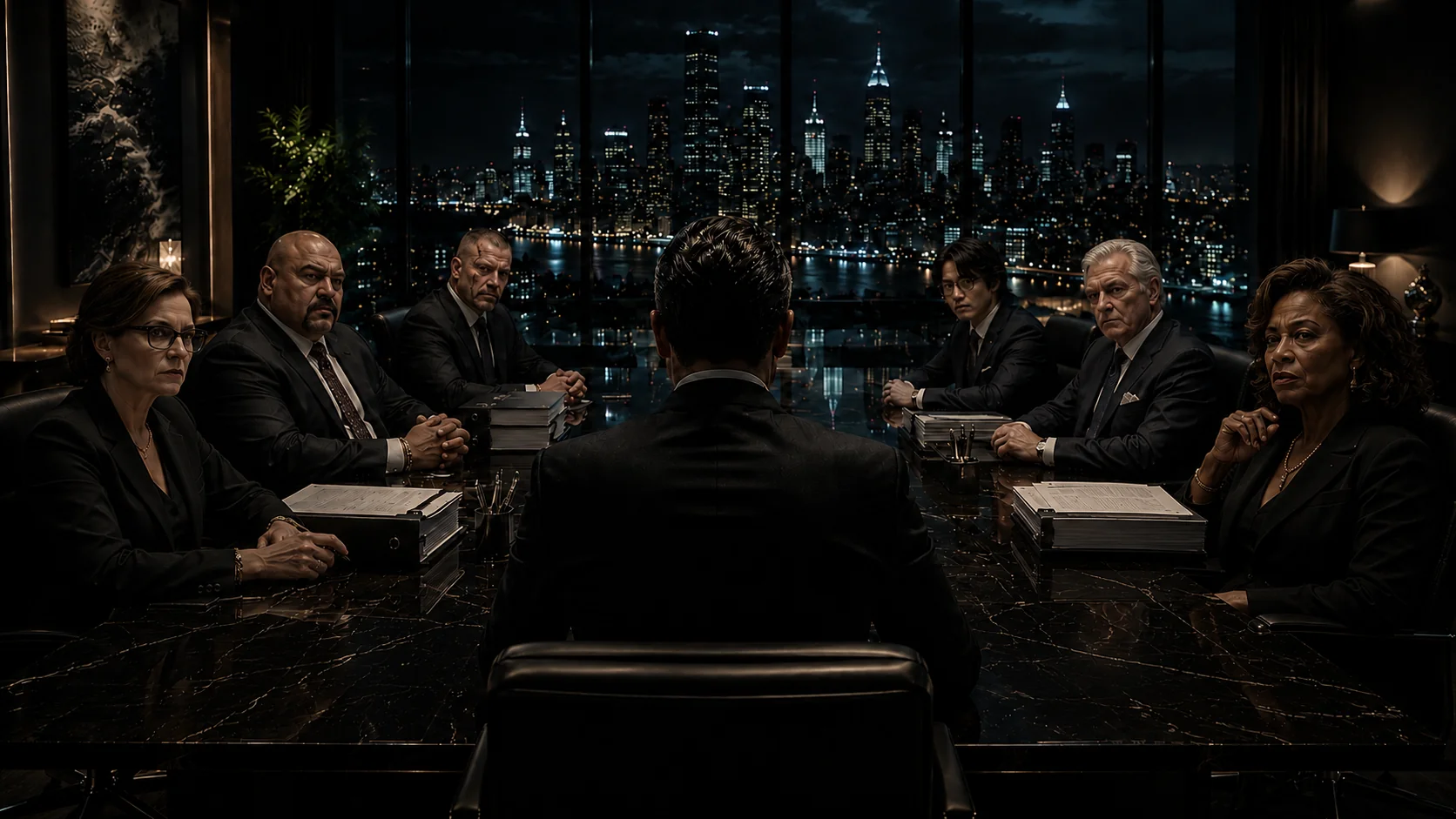 A diverse group of serious executives having a meeting in a dark luxurious conference room.