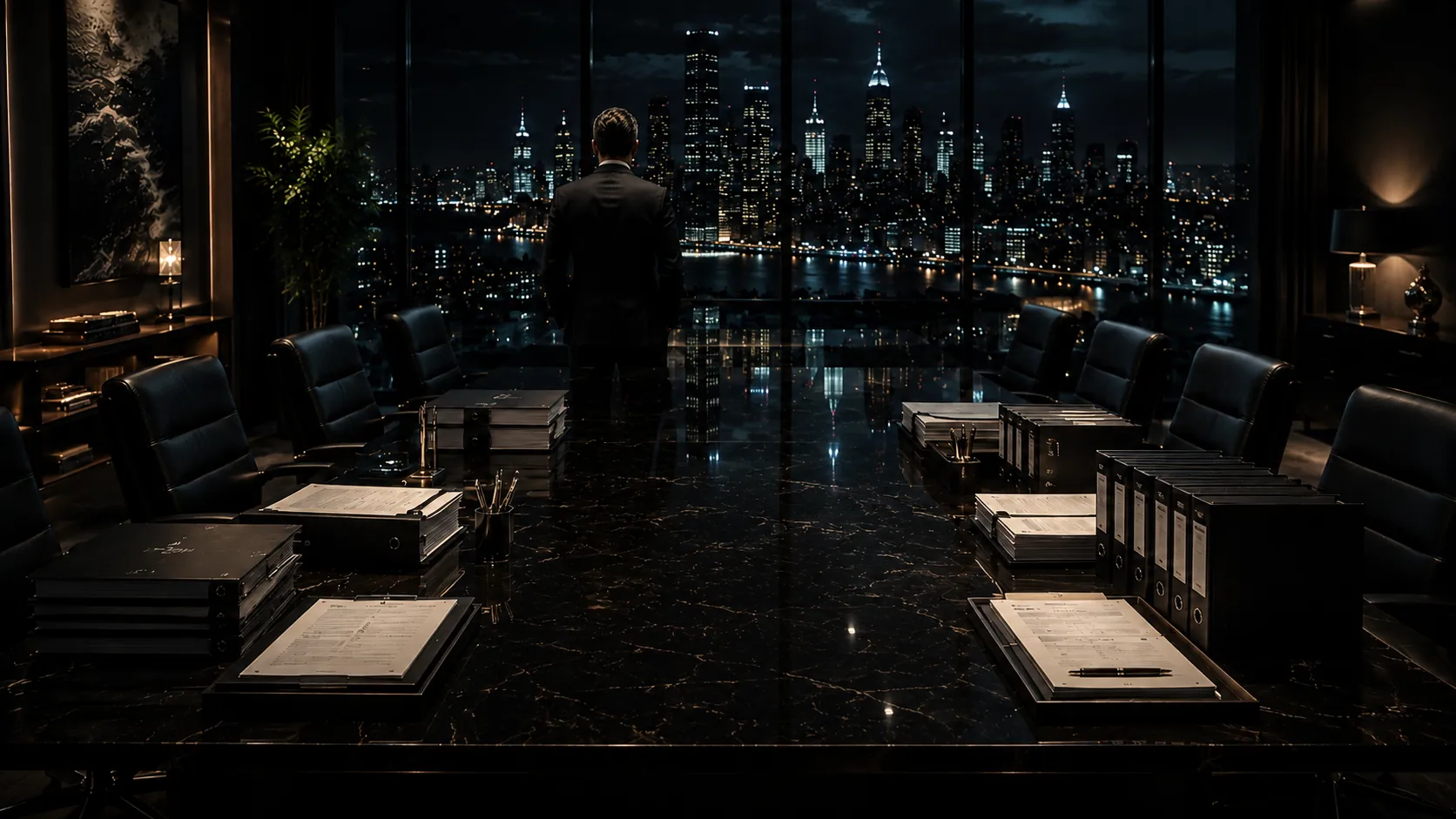 A dark luxurious conference room with a man looking out at the view of the city..