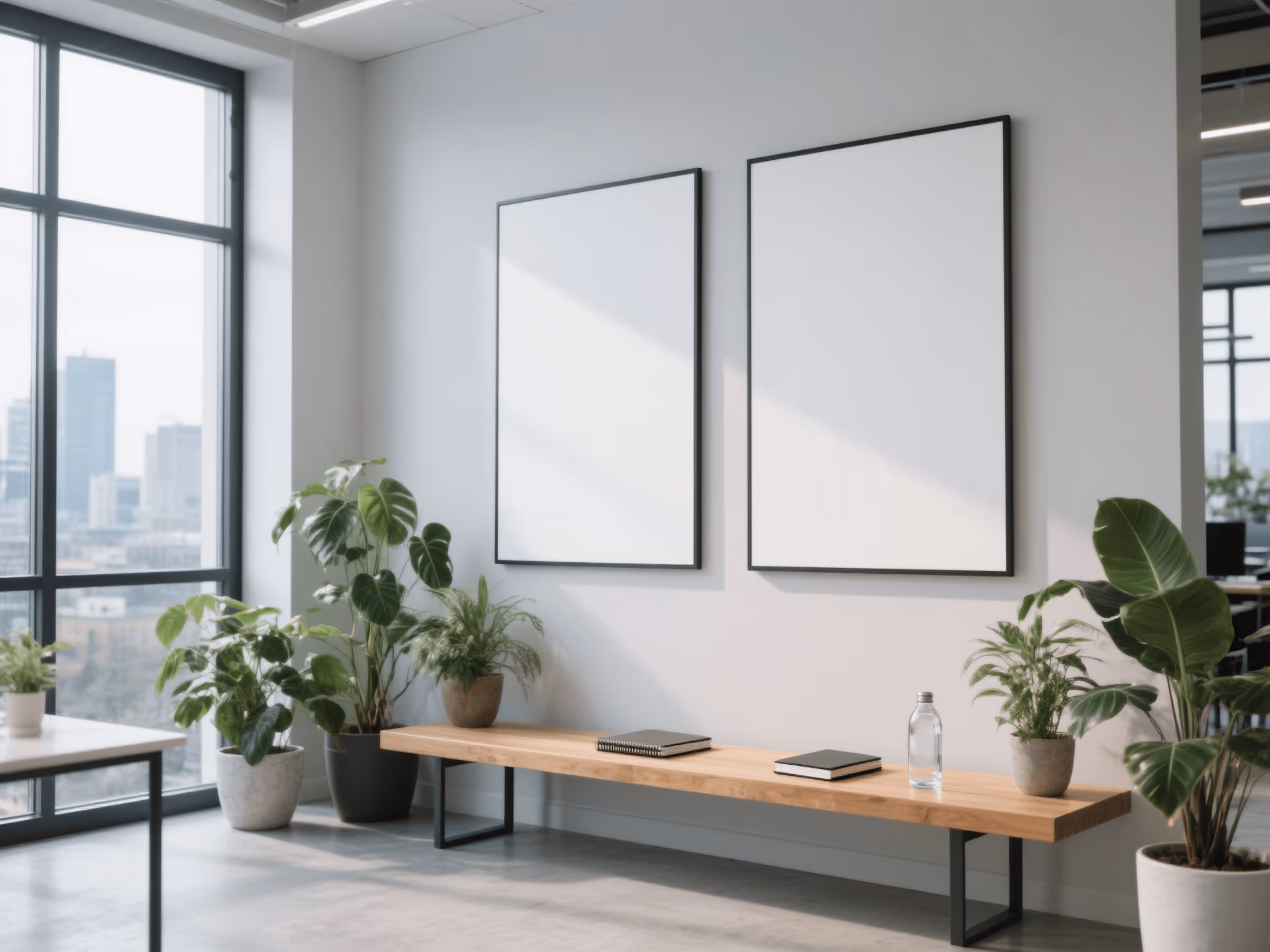 Espacio de oficina moderno con gran ventana, plantas verdes, banco de madera y dos cuadros en blanco.