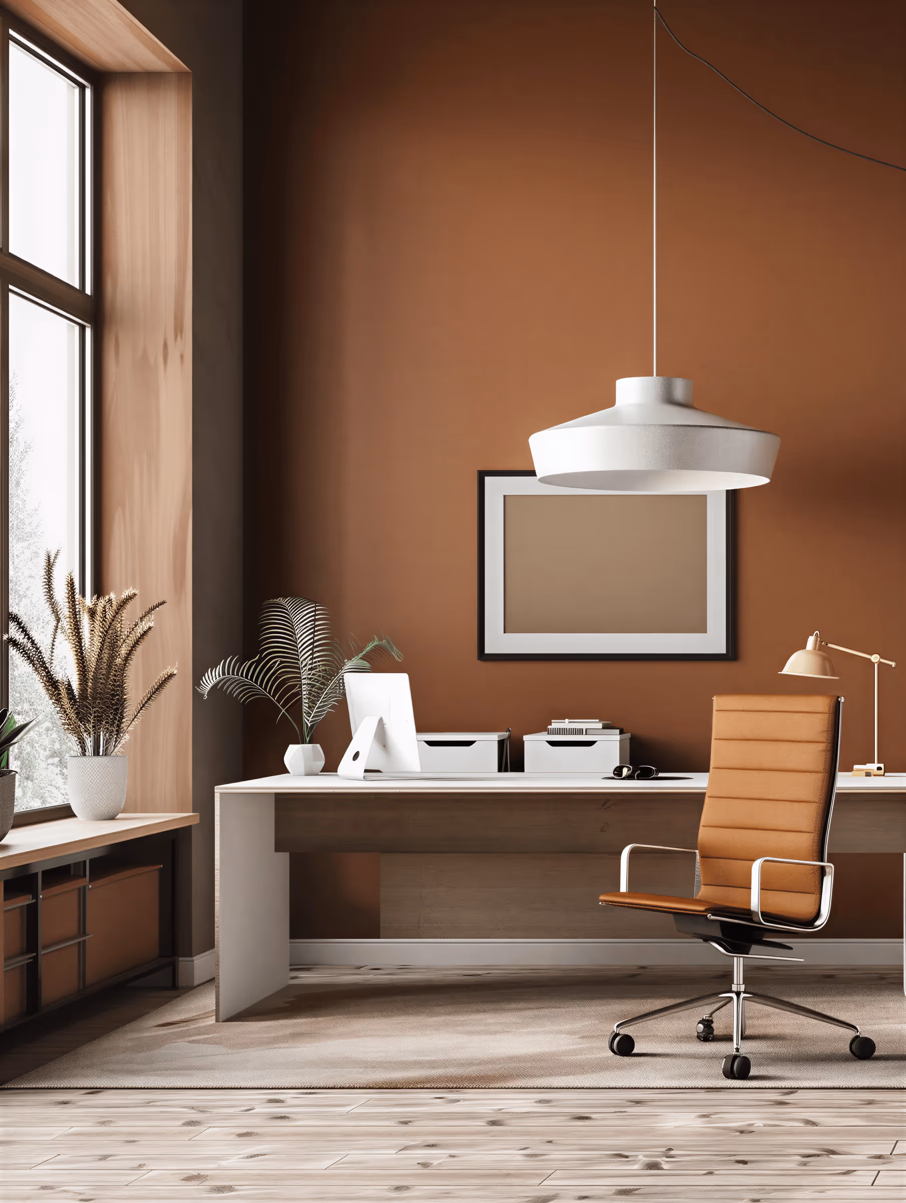 Oficina moderna con pared marrón, escritorio blanco, silla marrón, lámpara colgante y plantas decorativas.