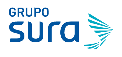 Logo del Grupo Sura con texto azul y un diseño de alas estilizadas a la derecha.