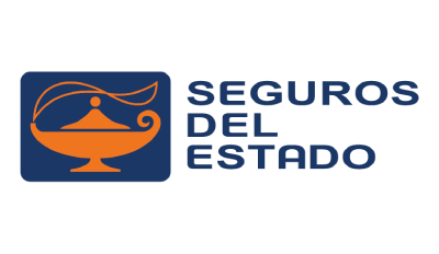 Logotipo de Seguros del Estado con lámpara naranja en fondo azul.