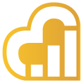 Icono de gráfico de barras con tres barras de diferentes alturas en colores amarillo y blanco.