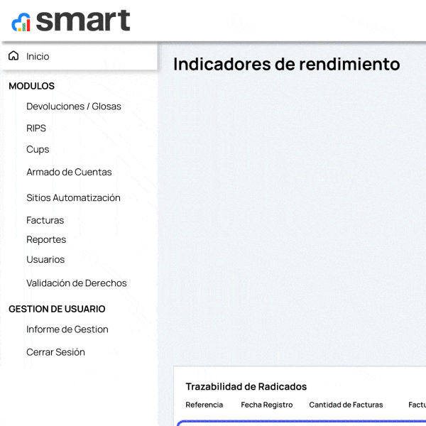 Interfaz de software hospitalario con menú y tabla de trazabilidad de radicados para indicadores de rendimiento.