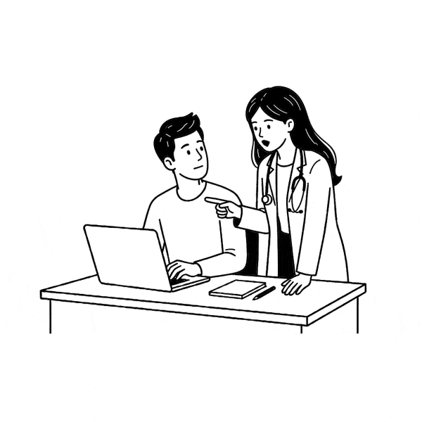 Hombre frente a laptop con doctora de pie señalando algo en pantalla.