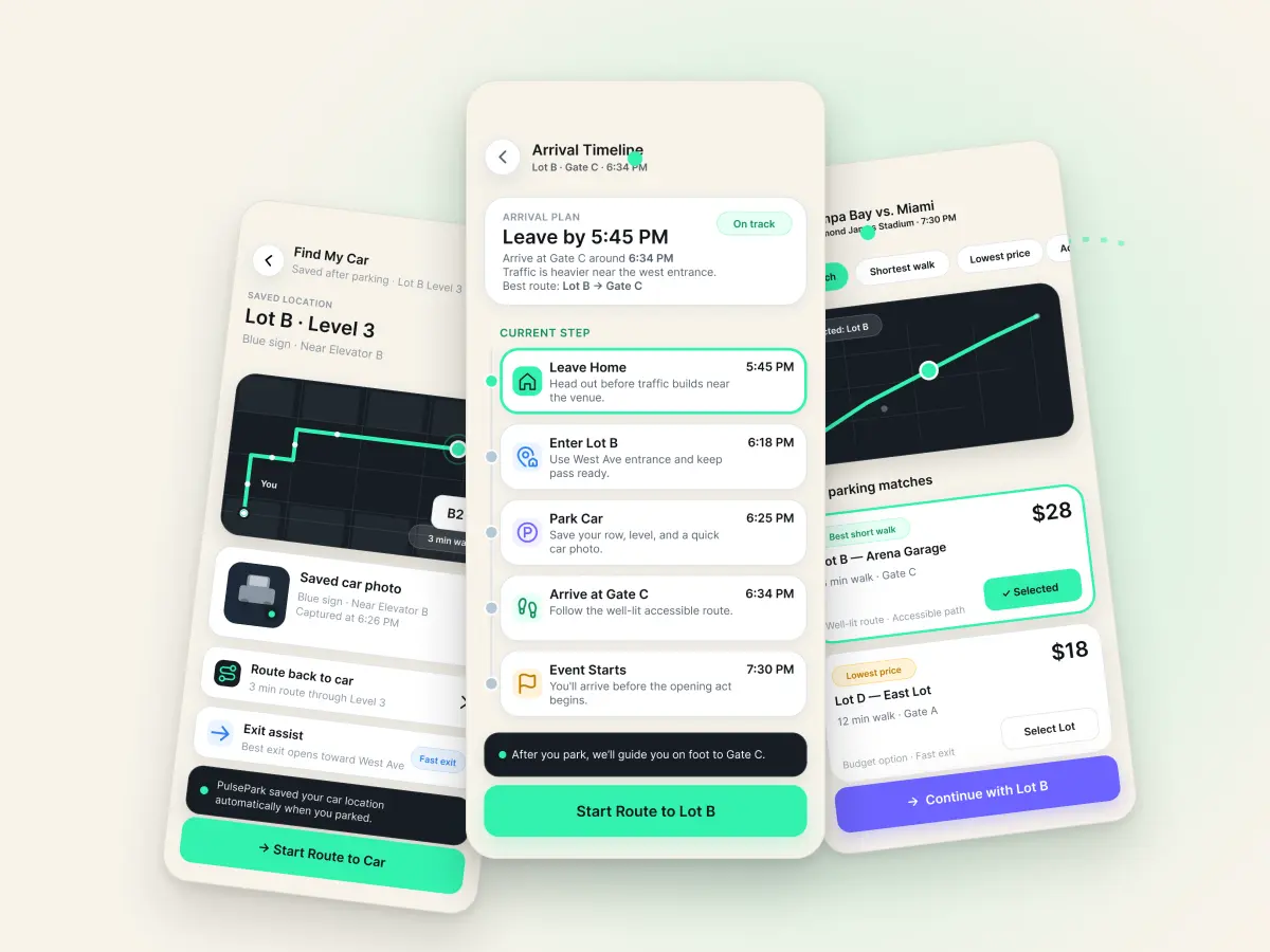 A mobile UX/product design concept for PulsePark, a parking-to-gate companion that helps event attendees reserve parking, plan arrival, coordinate with their group, walk to the gate, and find their car after the event.