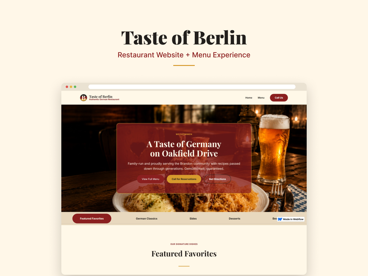 A concept website for a neighborhood German restaurant, built around one question: can a menu feel like a real printed German menu and still be fast, readable, and easy to use on a phone?