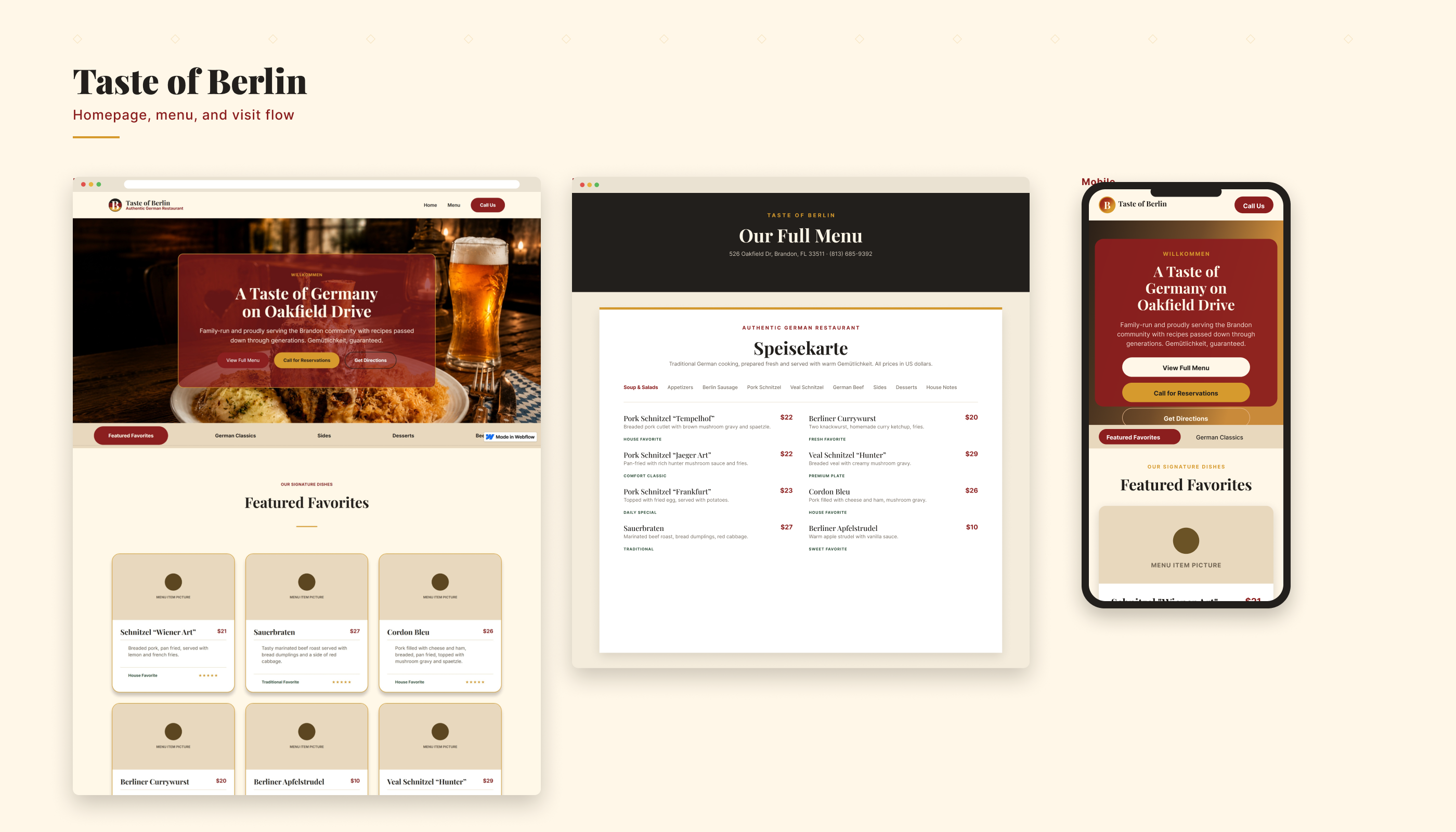 A warm first impression introducing the restaurant, location, and primary CTAs.