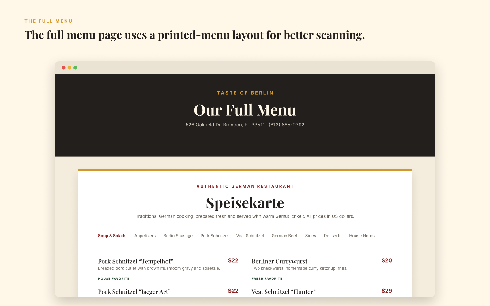 A printed-menu-inspired layout designed for easy browsing without food images.
