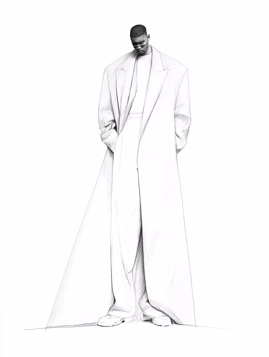A black-and-white sketch of a man standing with his head slightly bowed, wearing sunglasses, an oversized long coat with wide shoulders, loose pants, a shirt, and chunky shoes.