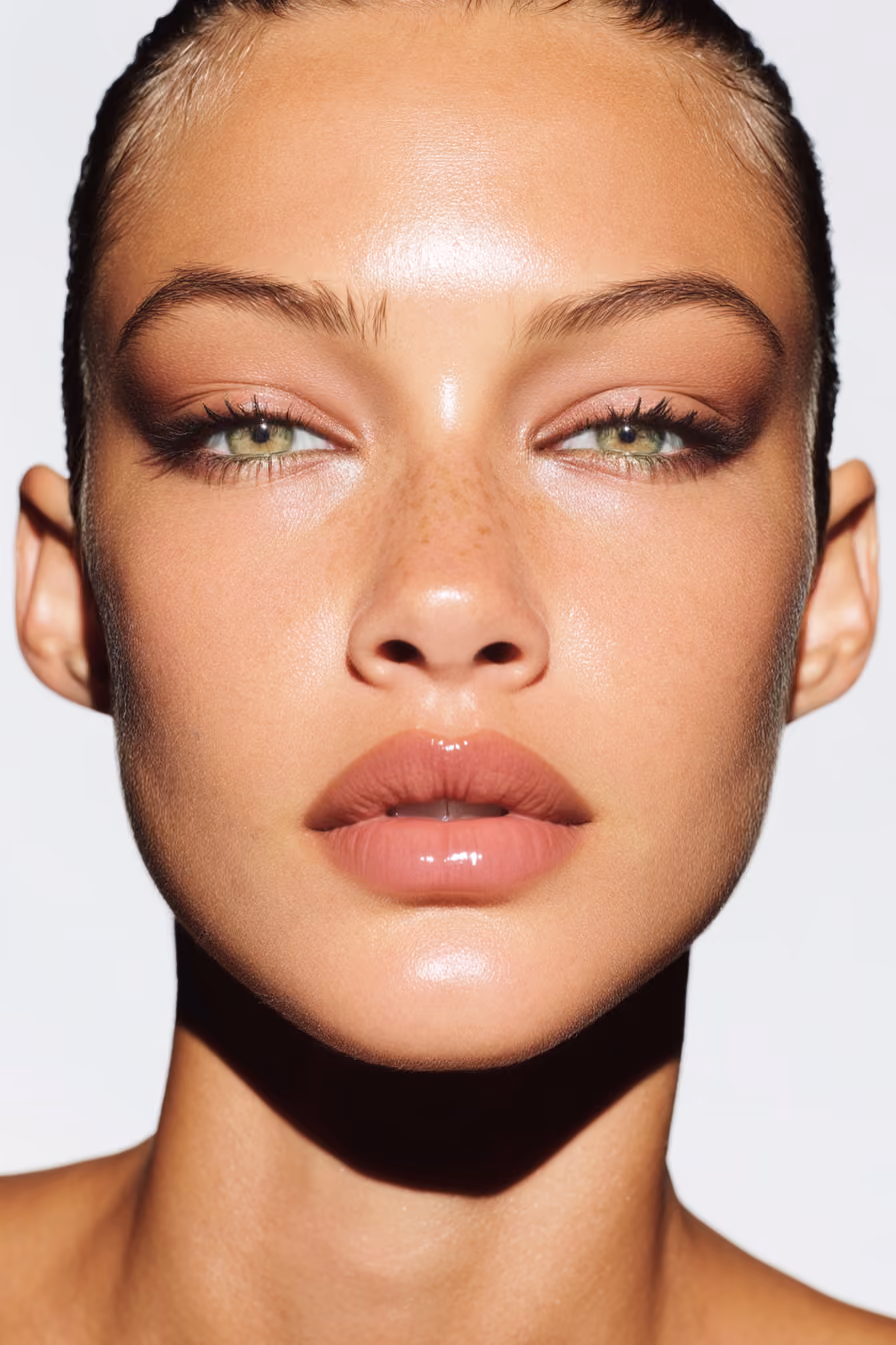 Close-up portrait of a woman with green eyes, natural freckles, glossy nude lips, and subtle brown eyeshadow, against a white background.