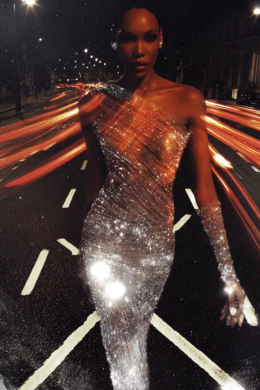 Person wearing a sparkling, silver, one-shoulder gown with matching long glove walking on a street at night with bright red light trails from passing cars in the background.