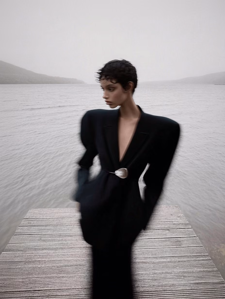 A person with short curly hair wearing an exaggerated black jacket with broad shoulders and a silver clasp stands on a wooden dock by a calm body of water with hills faintly visible in the foggy background.