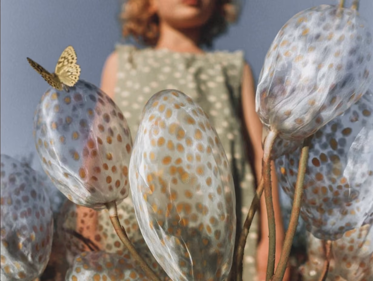 Close-up of translucent seed pods with orange spots and a yellow butterfly perched on one, with a girl in a green polka-dot dress blurred in the background.