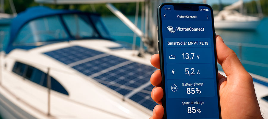 VictronConnect app showing battery voltage, current, and solar charge on a boat