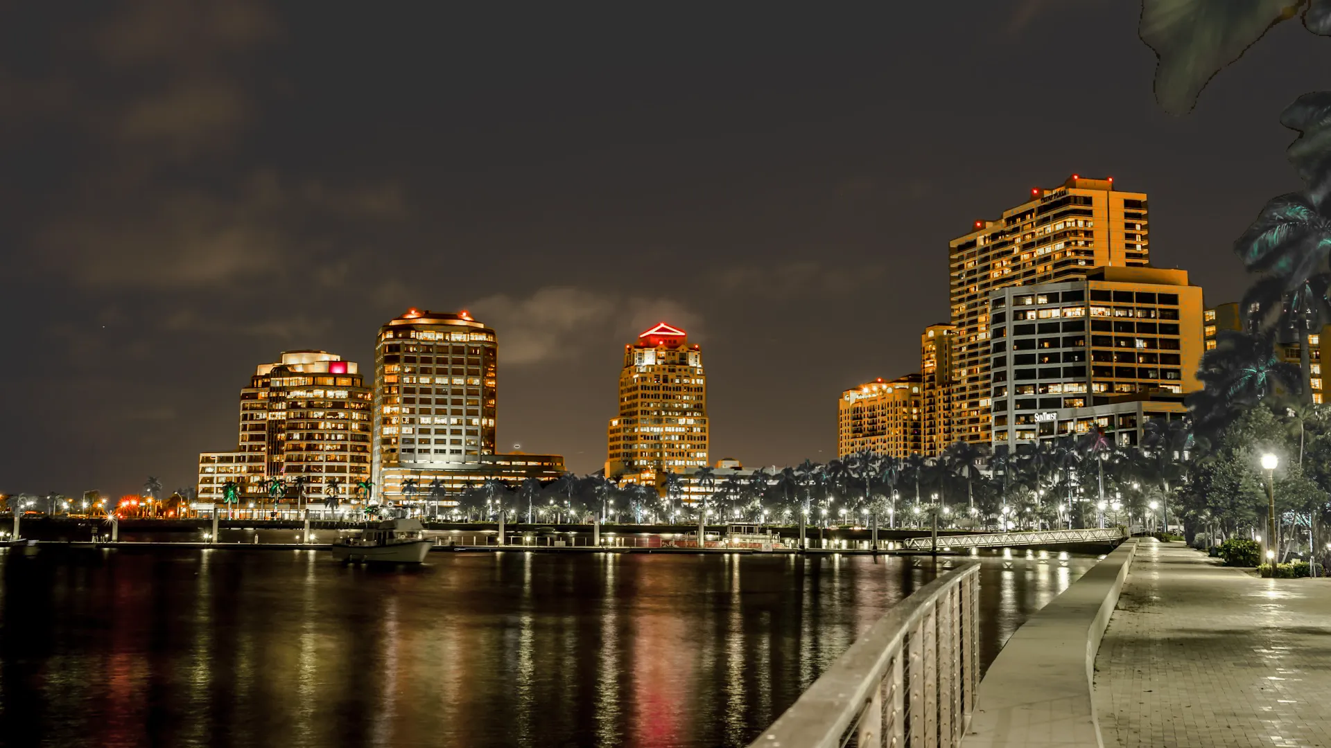 Waterfront skyline in Palm Beach County at night