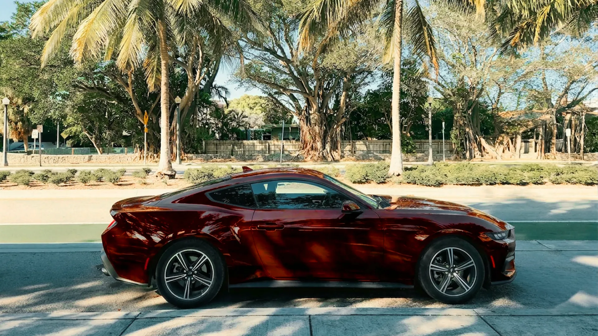Red car parked along a palm-lined street