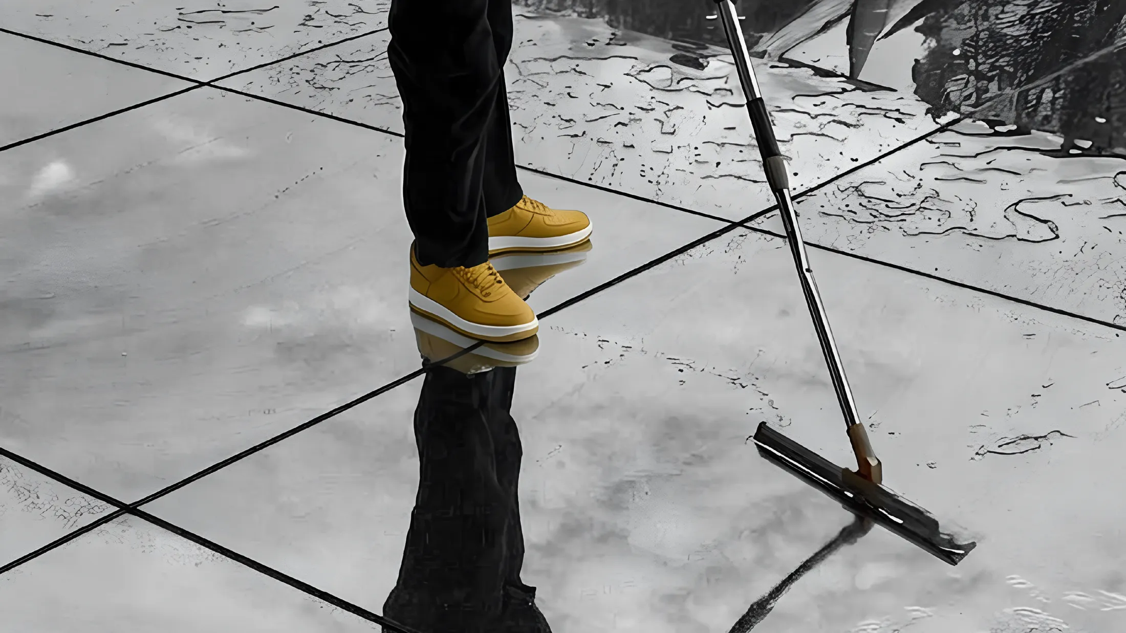 Person using a floor squeegee on a wet tiled surface