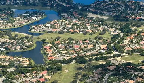Aerial view of residential neighborhoods and waterways in Pembroke Pines