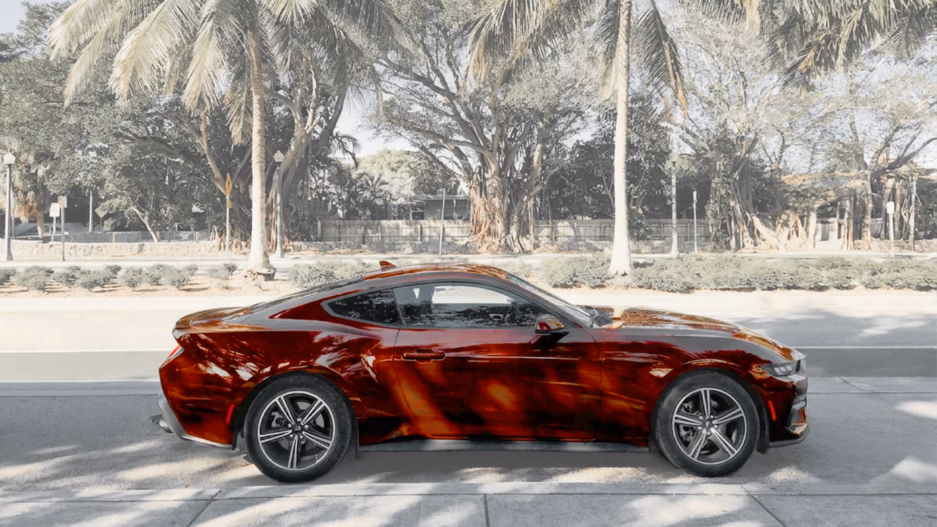 Red car parked along a palm-lined street