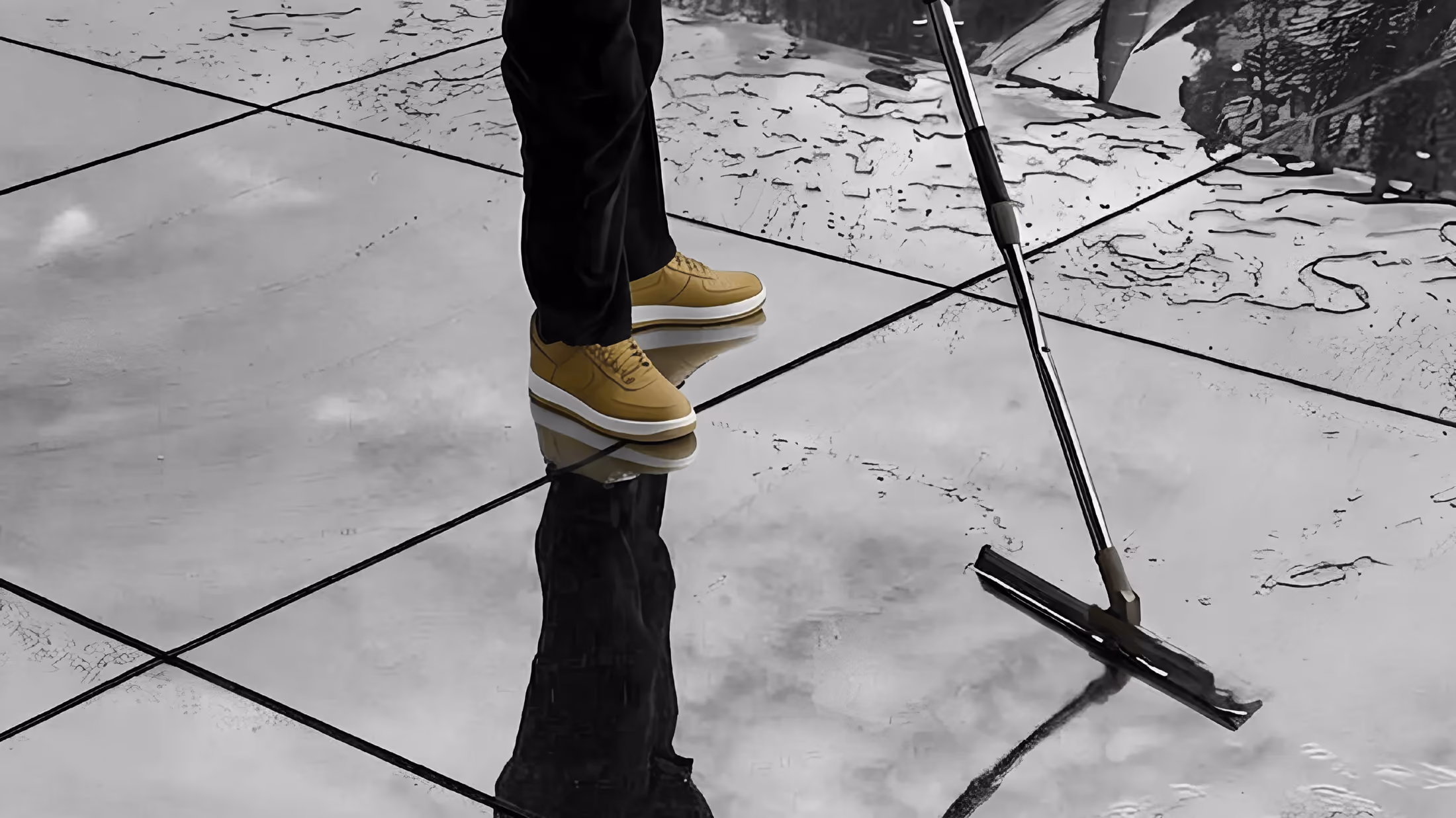 Person using a floor squeegee on a wet tiled surface