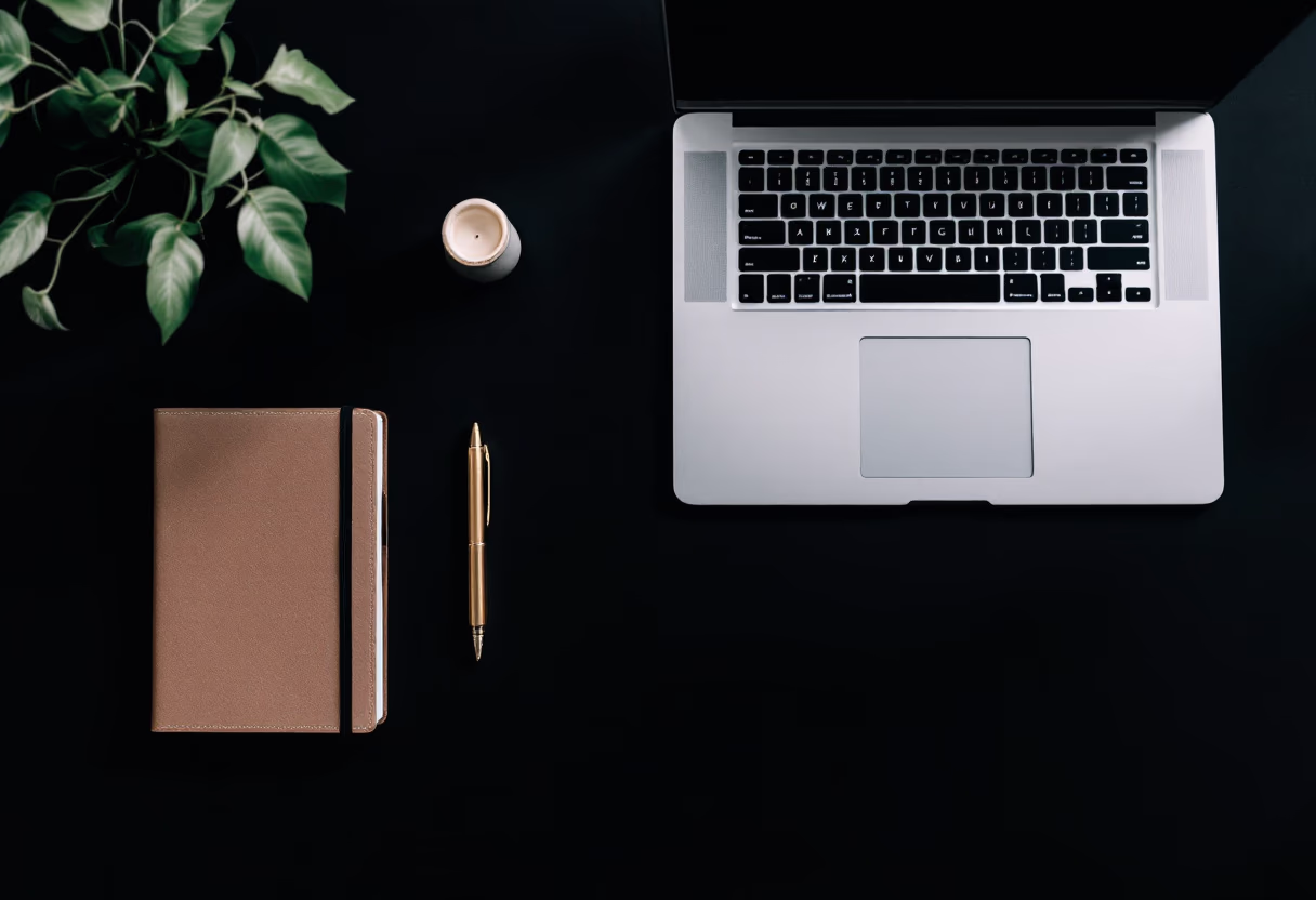 [background image] image of topdown photo of desk with laptop (for a food and agtech)