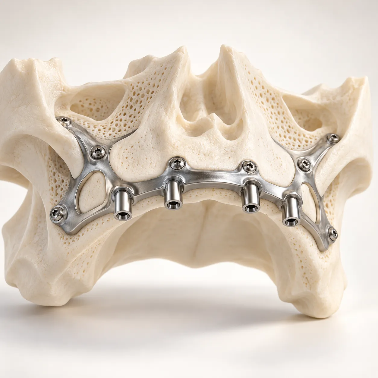 Illustration of a custom titanium IPS implant framework resting on an upper jaw model