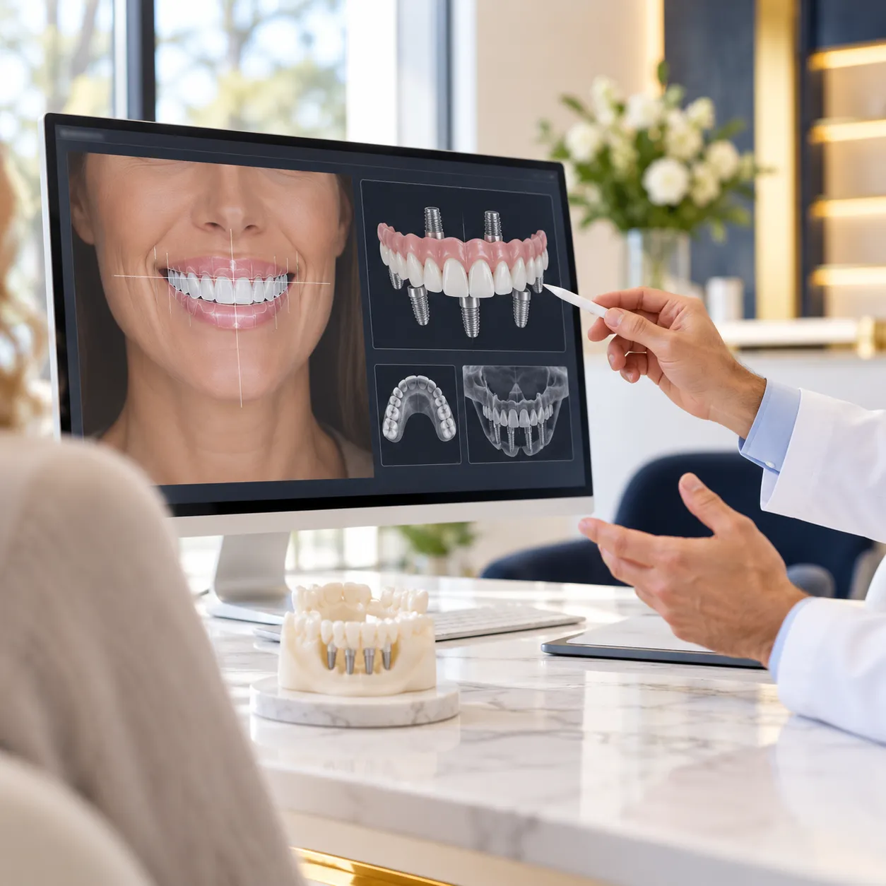 3D digital smile design on a monitor beside a full-arch dental implant model